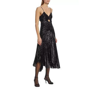 NEW, A.L.C. Black Lou Pleated Sparkly Sequin A-line Midi Dress Size 6  #0153